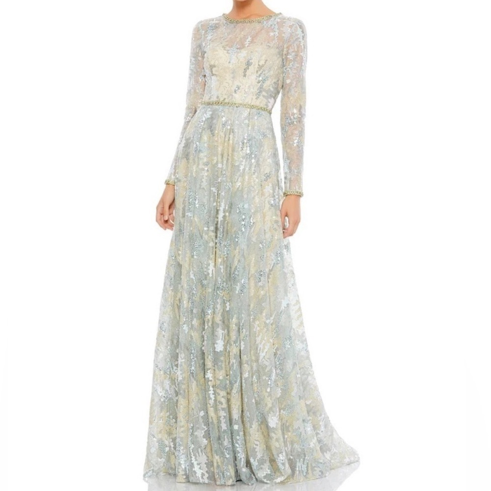 Mac Duggal 12460 Sequin Embellished Jewel Neckline Long Sleeve Lace Gown Reemoly
